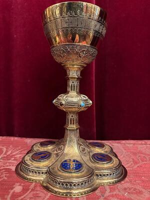Chalice By: Bourdon Gent style Gothic - Style en Full - Silver / Silver Marks Present / Enamel / Stones, Gent - Belgium  19 th century ( Anno 1875 )