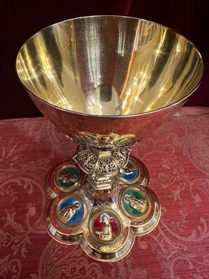 Chalice By : Silversmith Camille J.W. Esser Weert - Netherlands style Gothic - Style en Full - Silver 833/1000 / Silver Marks Present / Polished & Varnished / Stones, Weert - Netherlands 1908