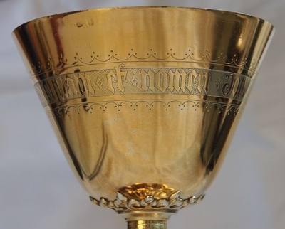 Chalice Complete With Paten Spoon And Original Case Signed : Bourdon style Gothic - style en full silver / enamel medalions, Belgium 19th century