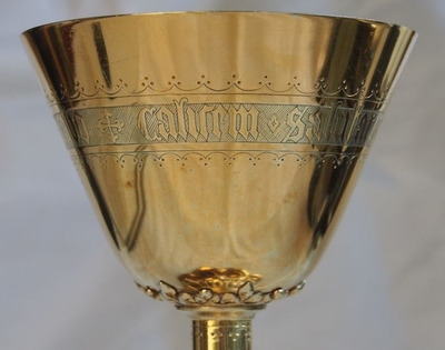 Chalice Complete With Paten Spoon And Original Case Signed : Bourdon style Gothic - style en full silver / enamel medalions, Belgium 19th century