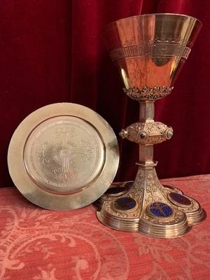 Chalice Original Paten Spoon And Case. Signed : Bourdon  style Gothic - Style en Full - Silver (800) / Stones / Enamell Medallions , Belgium 19th century ( anno 1875 )