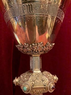 Chalice Original Paten Spoon And Case. Signed : Bourdon  style Gothic - Style en Full - Silver (800) / Stones / Enamell Medallions , Belgium 19th century ( anno 1875 )