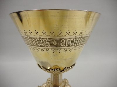 Chalice Original Paten Spoon And Case. Signed : Bourdon style Gothic - style en Full - Silver / Stones / Enamell Medallions, Belgium 19th century ( 1875 )