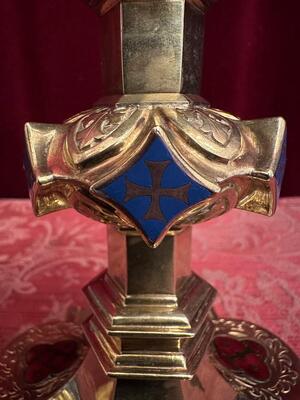 Chalice With Case style Gothic - Style en Brass / Full - Silver Cuppa / Enamel Aplications, Bruges - Belgium 19 th century