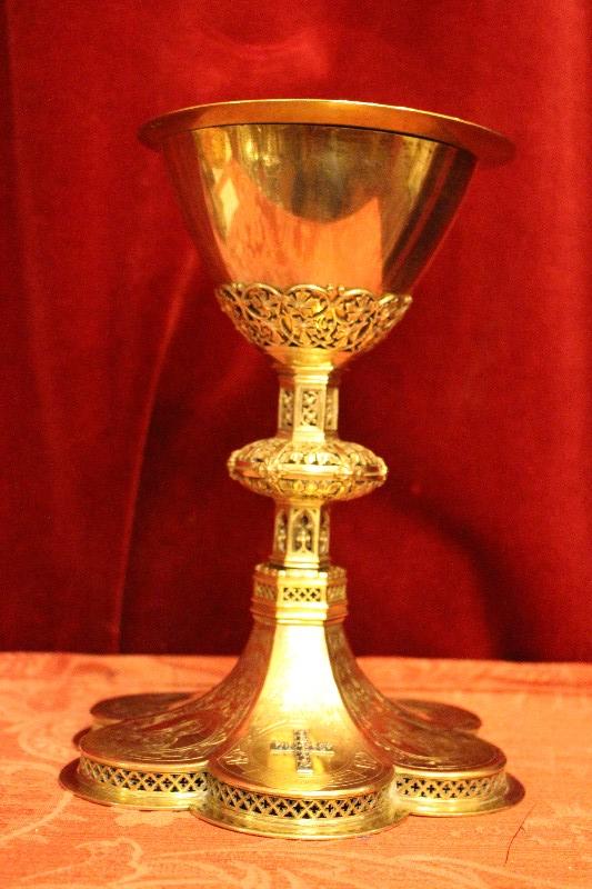 1 Gothic - style Chalice With Original Paten And Spoon All Silver