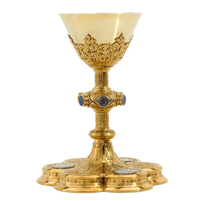 Chalice With Original Paten Spoon And Case  style Gothic - Style en Full Silver / Enamel, Belgium  19 th century