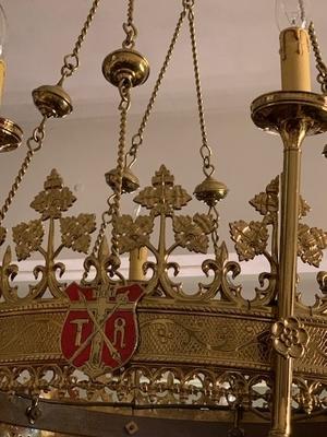 Chandelier style Gothic - style en Brass / Bronze / Gilt / Glass, Belgium 19th century ( anno 1890 )