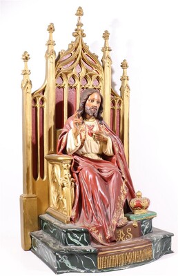 Christ The King Sacred Heart Of Jesus Sitting Statue style Gothic - style en Plaster polychrome / Glass Eyes , Spain 20 th century ( Anno 1920 )