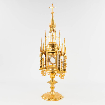 Cillinder Monstrance  style Gothic - style en Brass / Bronze / Gilt / Pearls / Glass, Belgium  19 th century