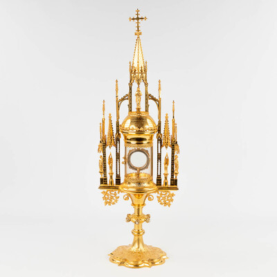 Cillinder Monstrance  style Gothic - style en Brass / Bronze / Gilt / Pearls / Glass, Belgium  19 th century