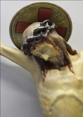 Corpus With Cross Signed : Lelan J.  Expected  ! style Gothic - style en plaster polychrome / Wooden Cross, Kortrijk Belgium 19th century