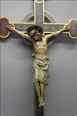 Corpus With Cross Signed : Lelan J.  Expected  ! style Gothic - style en plaster polychrome / Wooden Cross, Kortrijk Belgium 19th century