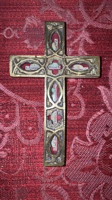 Cross - Reliquary Relics :  St. Joseph. St. Anthony Padua. S. Dominici. S. Philomena. S. Vincentii Ferrerii. S. Catharina Siena. style Gothic - style en Bronze, Italy  19 th century ( Anno 1850 )