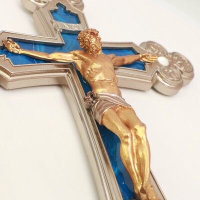 Cross With Corpus Christi  style Gothic - Style en Brass / Bronze / Semi-Precious Gem - Stones, Italy 20 th century