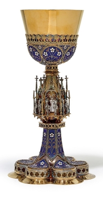 Exceptional Chalice Weight : 850 Gr. Higher Price Range ! Sold style Gothic - style en full silver / enamelled / 925 / FULL SILVER IMAGES OF ALL 12 APOSTLES ON NODUS, France 19th century