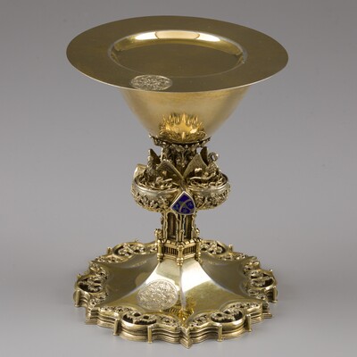 Exceptional Chalice With Original Paten style Gothic - Style en Full - Silver /  Enamel, Aachen - Germany 19 th century ( Anno 1899 )