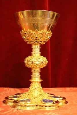 Exceptional Chalice With Paten And Spoon. Signed : J Van Damme Brugge style Gothic - style en full silver / Gilt / Gemstones / Enamelled, Belgium 19th century ( 1908 )