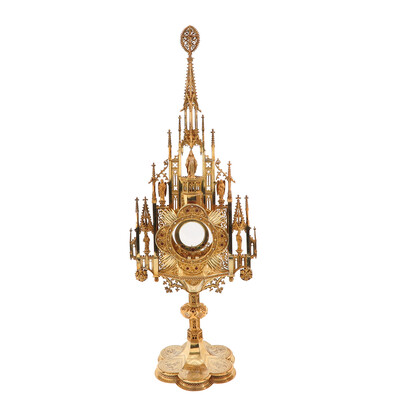 Exceptional Monstrance style Gothic - Style en Brass / Gilt / Diamonds / Stones / Glass, Belgium  19