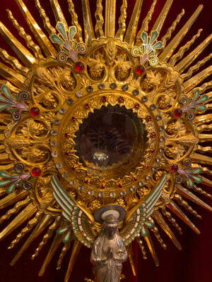 Exceptional Monstrance  style Gothic - style en Brass / Bronze / Gilt / Enamel Medallions & Elements / Stones / Glass / Full Silver Angel, France 19 th century ( Anno 1865 )