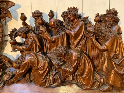 Exceptional Sculpture The Adoration Of Jesus Christ As Agnus Dei. Signed : Hendrik Van Der Geld style Gothic - style en hand-carved wood Oak, Dutch 19th century ( anno 1865 )