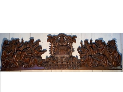 Exceptional Sculpture The Adoration Of Jesus Christ As Agnus Dei. Signed : Hendrik Van Der Geld style Gothic - style en hand-carved wood Oak, Dutch 19th century ( anno 1865 )