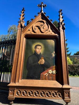 Framed Hand - Painted Imagination Of Jean Berchmans style Gothic - Style en Frame Oak - Wood / Painted on Linen, Belgium  19 th century