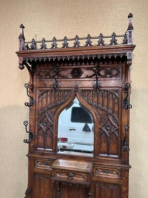 Hall Stand  style Gothic - Style en Oak wood / Cast Iron / Mirror Glass / Zinc, France 19 th century ( Anno 1890 )