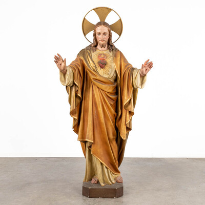 Holy Sacred Heart Statue  style Gothic - Style en Plaster polychrome, Belgium  19 th century