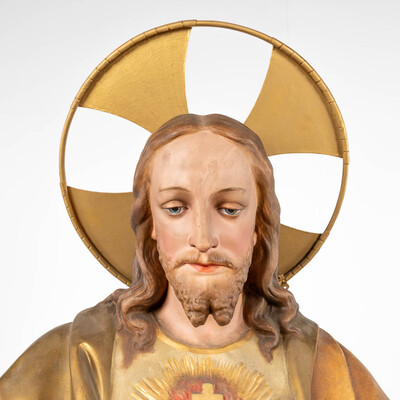 Holy Sacred Heart Statue  style Gothic - Style en Plaster polychrome, Belgium  19 th century