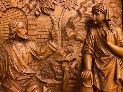 Imagination Jesus With The Samaritan Woman At The Well Of St. Jacop / James. By H.Van Der Geld style Gothic - Style en Fully Hand - Carved Wood Oak, Netherlands  19 th century ( Anno 1885 )