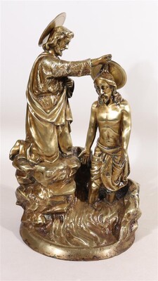 Imagination Sculpture Baptizing Jesus & St. John In The River Jordan style Gothic - Style en Bronze, France 19 th century