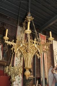 Large Sanctuary Lamp Measures With Chain Height 130 Cm ! style Gothic - style en Brass / Bronze, France 19th century