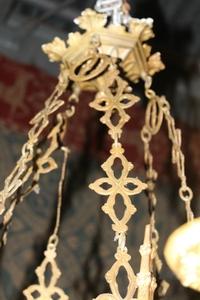 Large Sanctuary Lamp Measures With Chain Height 130 Cm ! style Gothic - style en Brass / Bronze, France 19th century