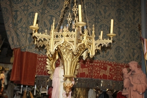 Large Sanctuary Lamp Measures With Chain Height 130 Cm ! style Gothic - style en Brass / Bronze, France 19th century