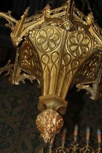 Large Sanctuary Lamp Measures With Chain Height 130 Cm ! style Gothic - style en Brass / Bronze, France 19th century