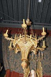 Large Sanctuary Lamp Measures With Chain Height 130 Cm ! style Gothic - style en Brass / Bronze, France 19th century