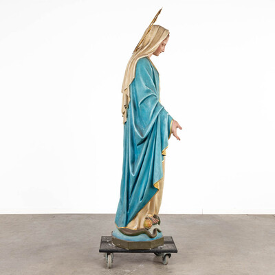 Life Size Statue St. Mary  style Gothic - Style en Plaster polychrome, Belgium  19 th century