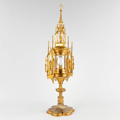 Monstrance  style Gothic - Style en Brass / Bronze / Gilt / Glass, Belgium  19 th century