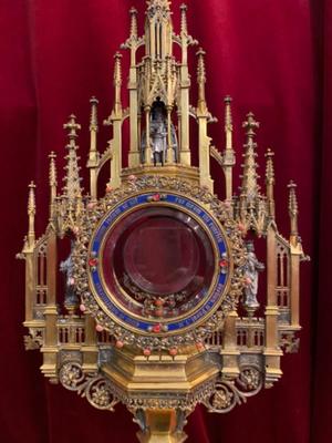 Monstrance style Gothic - style en Brass / Bronze / Gilt / Enamel / Stones / Full Silver Statues, Belgium 19 th century ( Anno 1865 )