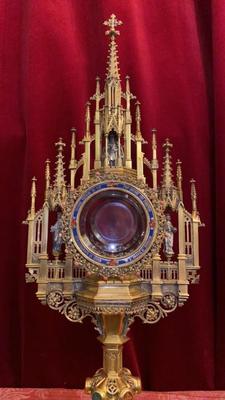 Monstrance style Gothic - style en Brass / Bronze / Gilt / Enamel / Stones / Full Silver Statues, Belgium 19 th century ( Anno 1865 )