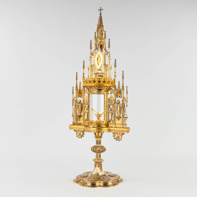 Monstrance With Original Case By : Bourdon.  style Gothic - Style en Brass / Gilt / Glass / Stones , Gent - Belgium 19 th century ( Anno 1875 )