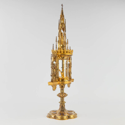 Monstrance With Original Case By : Bourdon.  style Gothic - Style en Brass / Gilt / Glass / Stones , Gent - Belgium 19 th century ( Anno 1875 )