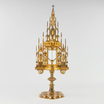 Monstrance With Original Case By : Bourdon.  style Gothic - Style en Brass / Gilt / Glass / Stones , Gent - Belgium 19 th century ( Anno 1875 )