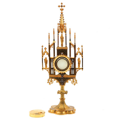 Monstrance With Real Diamonds  style Gothic - Style en Bronze / Gilt / Real Stones / Diamonds , Netherlands  19 th century