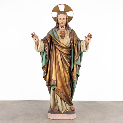 More Than Life Size Sacred Heart Statue style Gothic - Style en Plaster polychrome, Belgium  19 th century