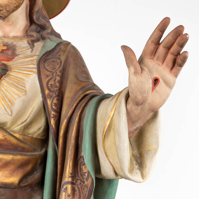 More Than Life Size Sacred Heart Statue style Gothic - Style en Plaster polychrome, Belgium  19 th century