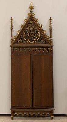Neo-Gothic Triptych - Altarpiece, Oil On Canvas Marquetry On Panel Christ And Archangels, Original Frame And Carvings style Gothic - style en Oak -Wood, Belgium 19th Century