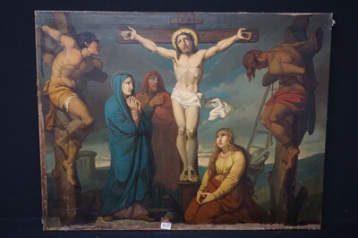 Painting Golgotha - Scene With Hestas & Dismas  style Gothic - Style en Painted on Linen, Belgium  19 th century