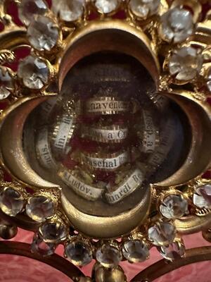 Reliquary - Relic  style Gothic - Style en Brass - Gilt / Stones / Originally Sealed, France 19 th century