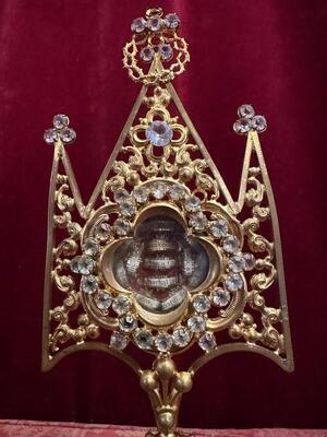 Reliquary - Relic  style Gothic - Style en Brass - Gilt / Stones / Originally Sealed, France 19 th century